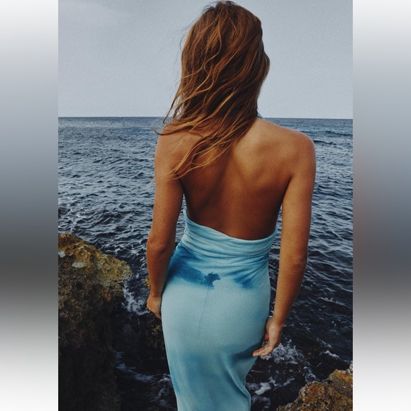 ZARA NEW WOMAN SS24 GREENS PRINTED TULLE HALTER DRESS - Picture 11 of 15